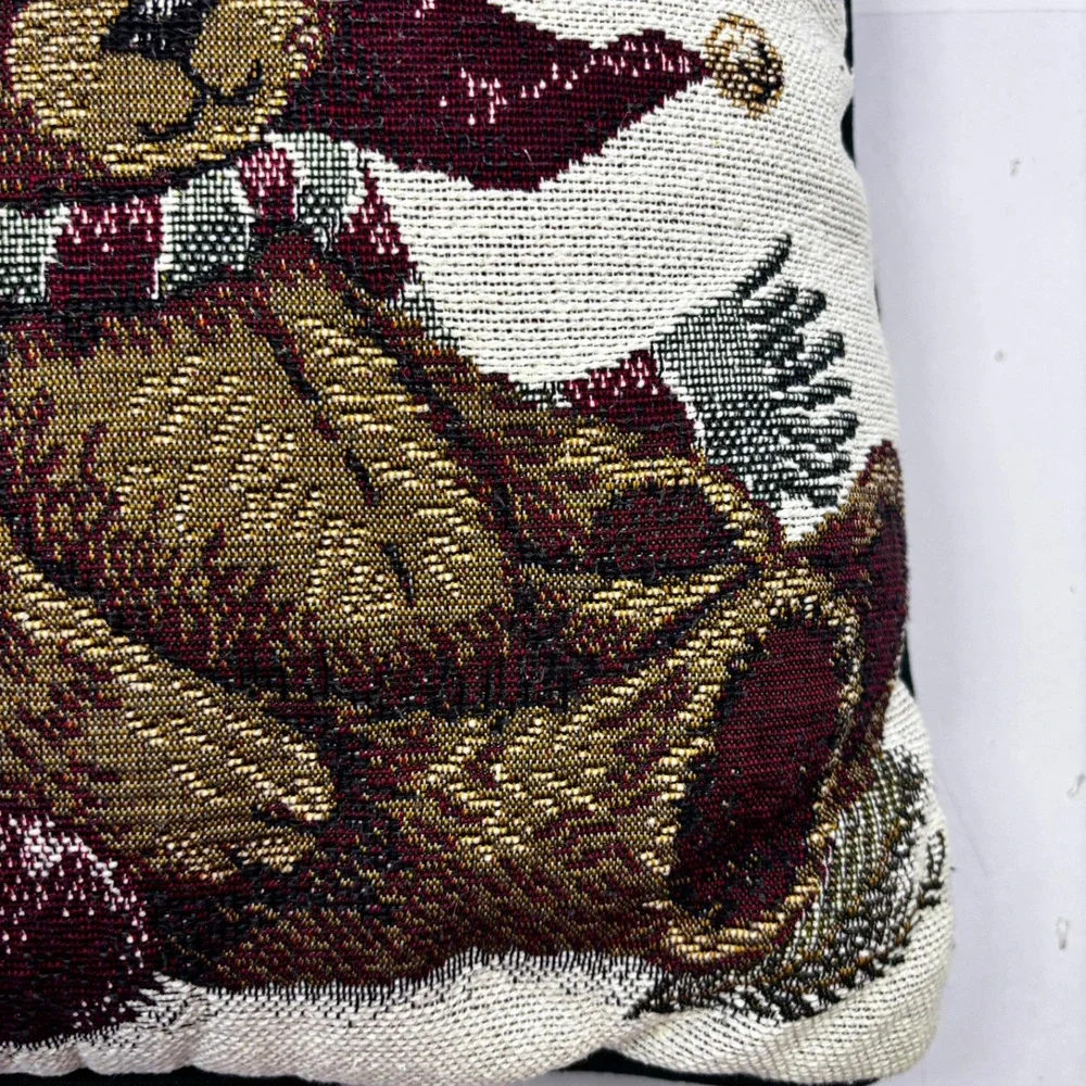 Vintage Christmas Teddy Bear Woven Tapestry Throw Pillows Set of 2 Green Back